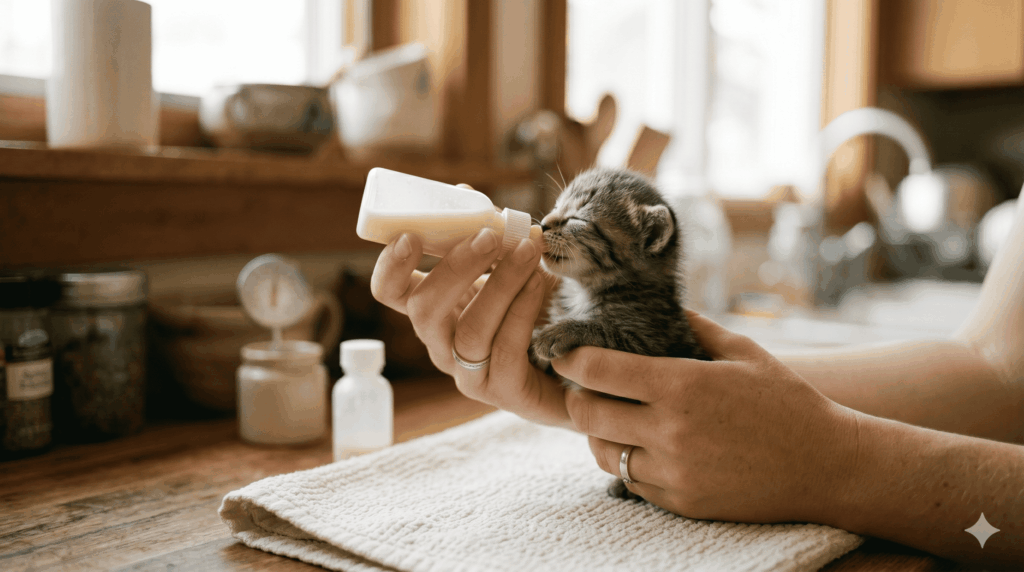 annesi olmayan yavru kedi bakımı, KMR (kedi anne sütü muadili) hazırlama oranı 1 ölçü toza 2 ölçü ılık sudur; mikrodalga kullanılmaz.