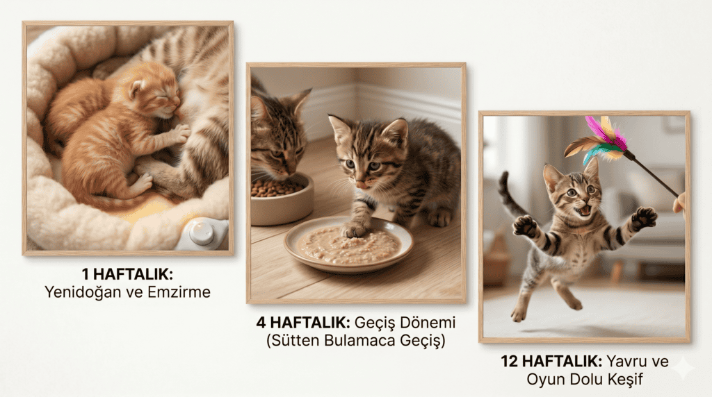 Yavru kedi gelişim aşamaları: yenidoğan, sütten kesim ve sosyalleşme dönemleri. Yenidoğan 32-34°C ortam ısısı gerektirir; 4 haftadan itibaren sütten kesim başlar; 8-12 hafta sosyalleşme penceresi kritiktir.