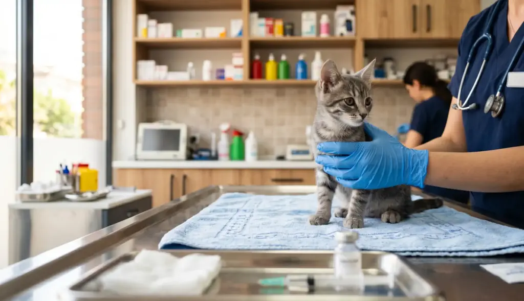 Veteriner klinikte kedi aşısı yapılırken görüntü.