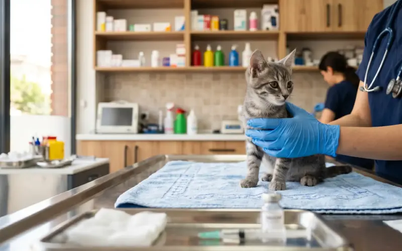 Veteriner klinikte kedi aşısı yapılırken görüntü.
