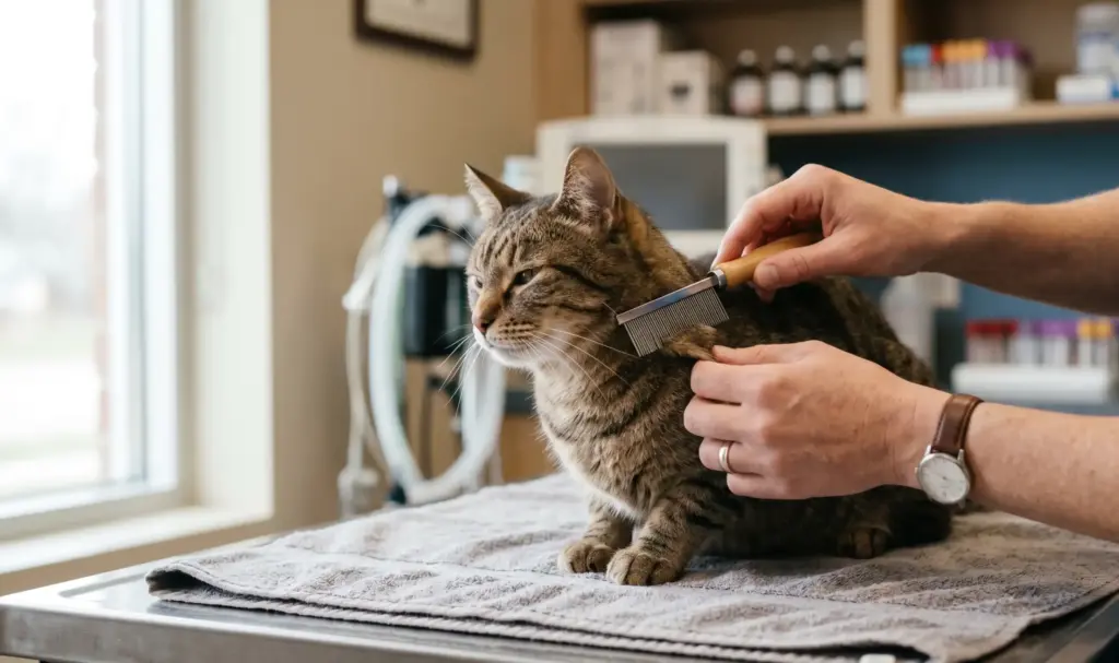 Kedi tüyleri ve pire önleme için veterinerde tüy taraması yapılıyor.