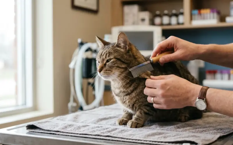 Kedi tüyleri ve pire önleme için veterinerde tüy taraması yapılıyor.