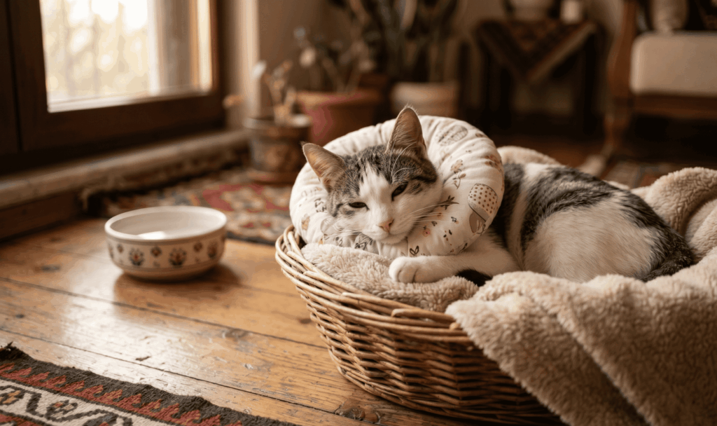 Kısırlaştırılmış kedi rahat bir yuva ve mama kabı ile ev ortamında dinleniyor.