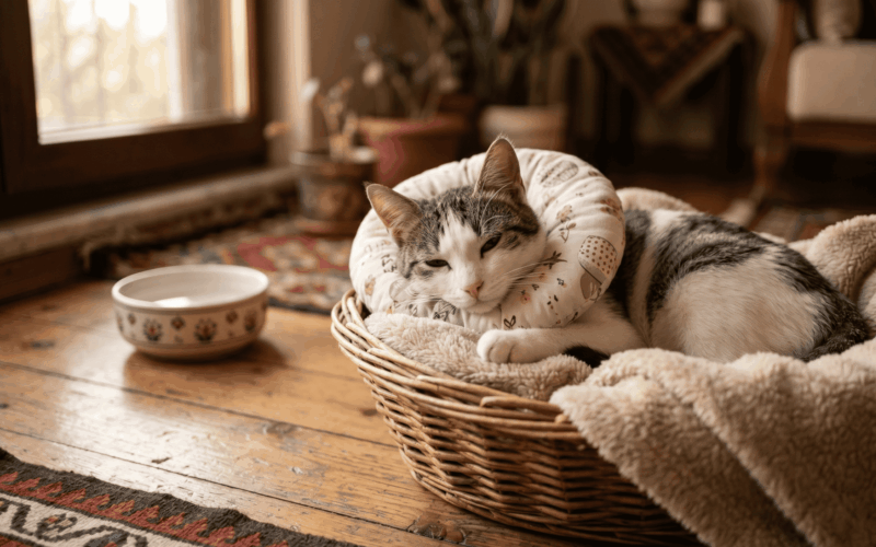 Kısırlaştırılmış kedi rahat bir yuva ve mama kabı ile ev ortamında dinleniyor.